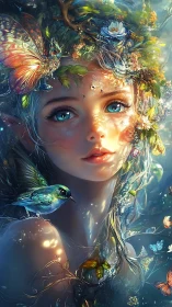 Fantasy forest nymph portrait with birds and butterflies.
