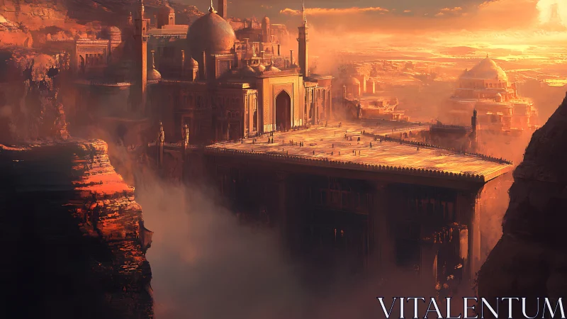 Sunlit cliffside citadel drifting in desert ember haze.