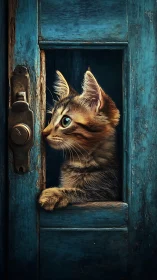 Golden Tabby Cat Peering Through Weathered Turquoise Wooden Door Frame