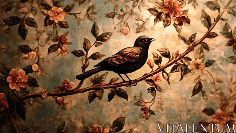 Songbird rests on blossoming branch in warm painterly light.