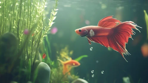 Scarlet betta gliding through softly lit aquatic foliage.