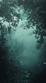 Misty Forest Canopy. Nature's Green Veil Through Foliage.