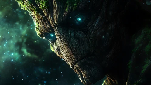 Cosmic tree guardian gazes into a glowing starfield.