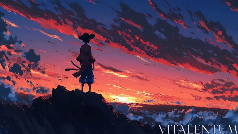 Lone wanderer overlooks a blazing ocean sunset sky
