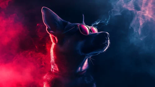Cool neon-lit dog in sunglasses gazes through smoky glow.