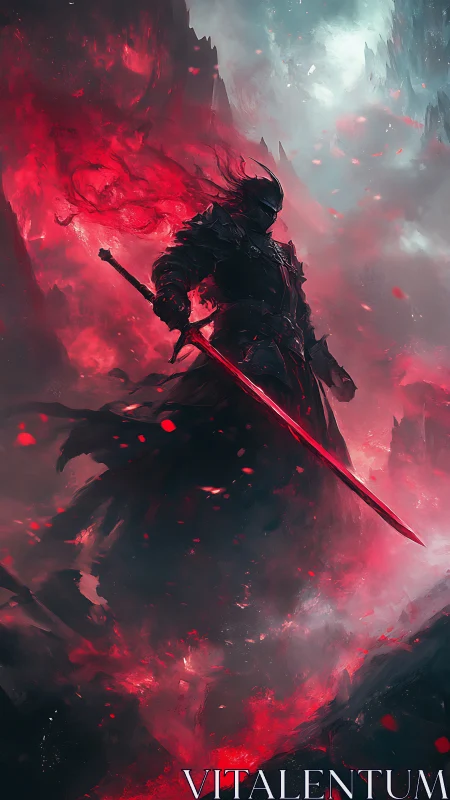 Armored void knight in crimson stormlit abyssal landscape