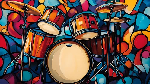 Drum kit illustration against abstract multicolor backdrop.