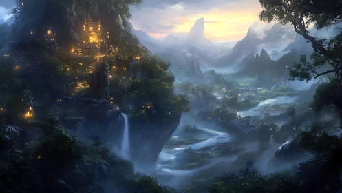 Luminous mountain citadel overlooks misty river valley.