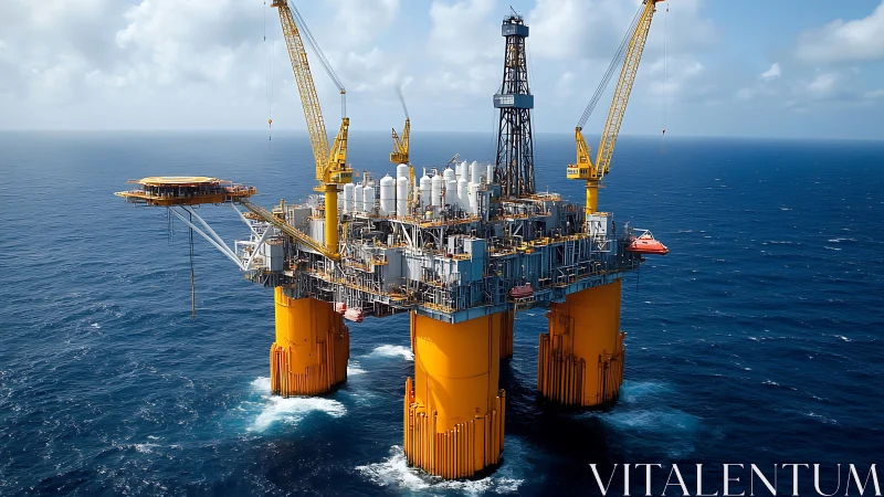 Offshore oil drilling platform with cranes in open ocean.
