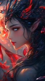 Fiery dragonborn muse with shimmering midnight gaze.