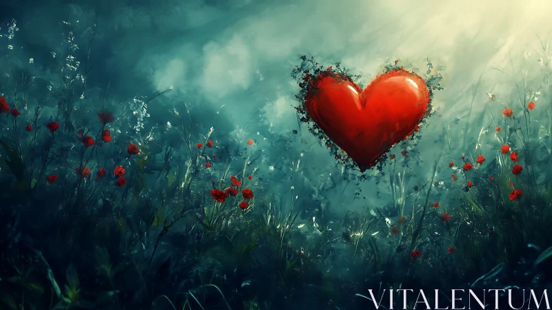 Luminous Red Heart Floating Above Wildflower Field.