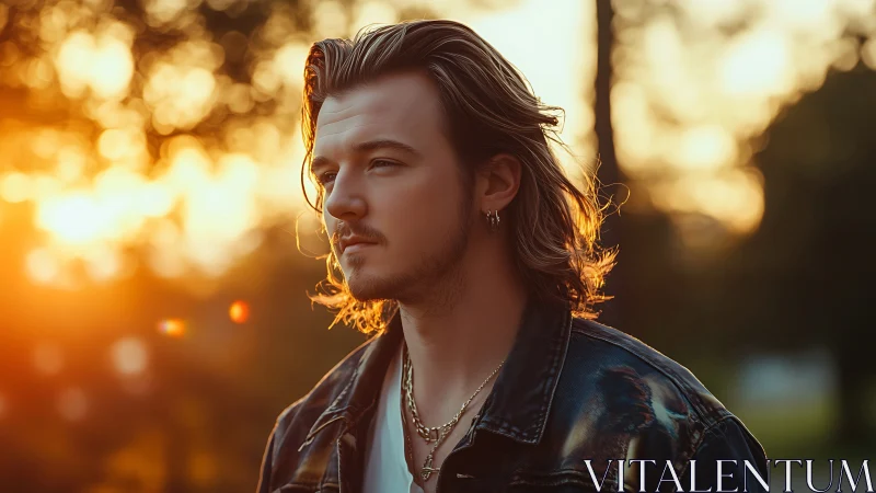 Sunlit portrait of young man in leather jacket at dusk.