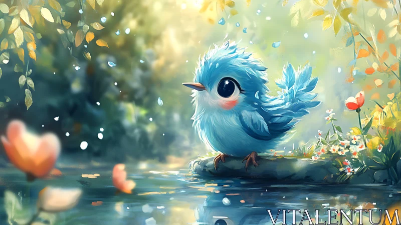 Adorable Blue Bird in Enchanted Forest, Whimsical Digital Art.