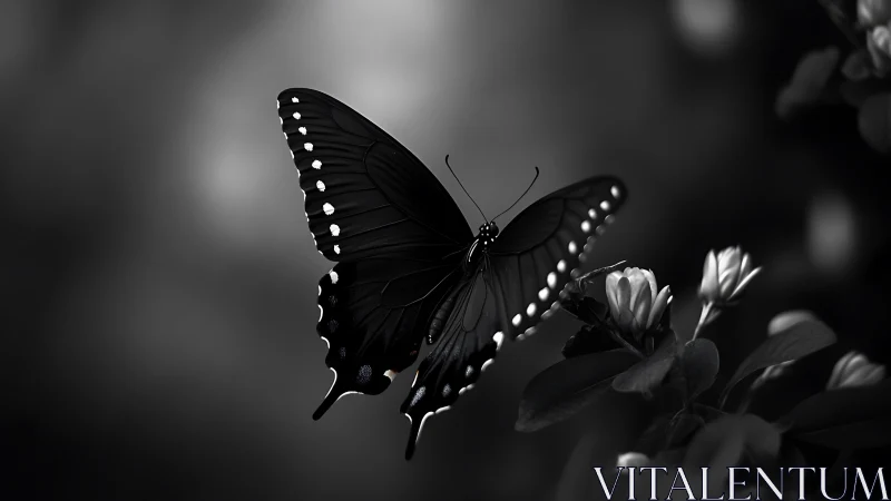 Black butterfly hovers in soft monochrome garden light
