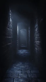 Dark stone corridor extends into soft distant light