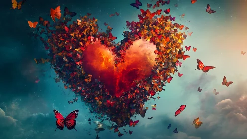 Heart Formed From Flying Butterflies Against Teal Sky