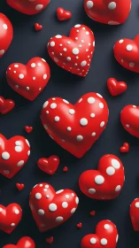 Red polka-dotted 3D hearts with glossy surface rendering on dark background