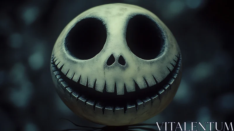 Grinning skull head with hollow eyes in dark blue scene.