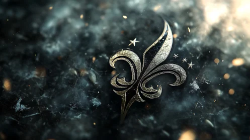 Metallic fleur-de-lis emblem glows in cosmic dust field.