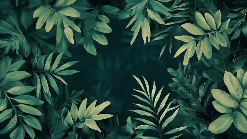Lush tropical foliage frames a deep green negative space field