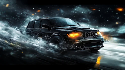 Storm-chasing black SUV carving neon rain-soaked asphalt.
