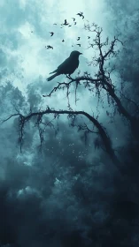 Nocturnal raven silhouette against cyan storm clouds.