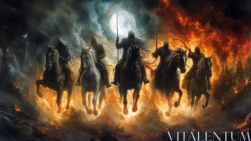 Storm-lit riders charge through fire and moonlit shadows