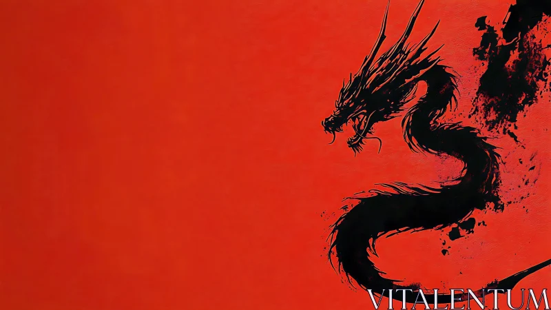 Abstract ink dragon silhouette coils against saturated red field
