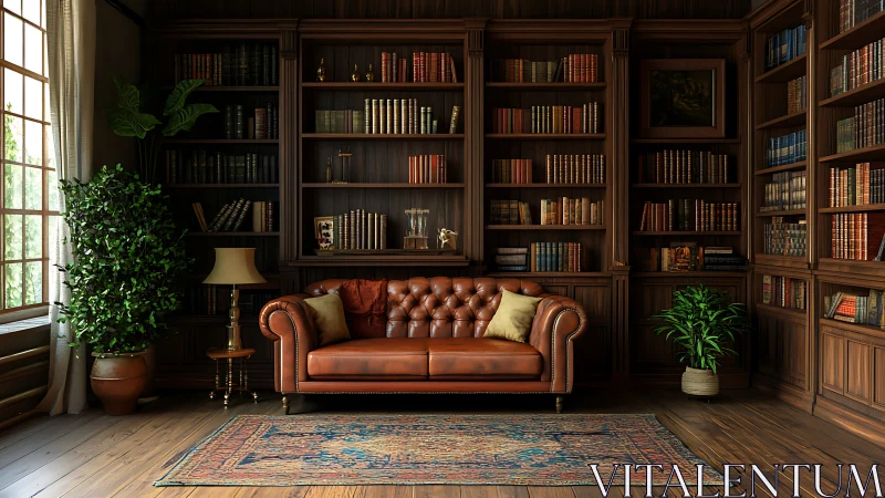 Leather sofa centered in classic wood panel home library