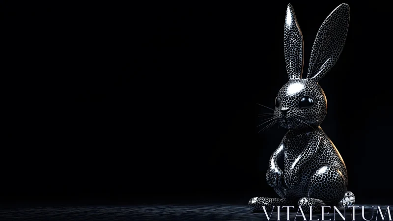 Shiny Metallic Rabbit Sculpture on Dark Minimalist Background.
