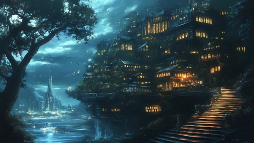 Tiered cliff settlement overlooks illuminated coastal cityscape