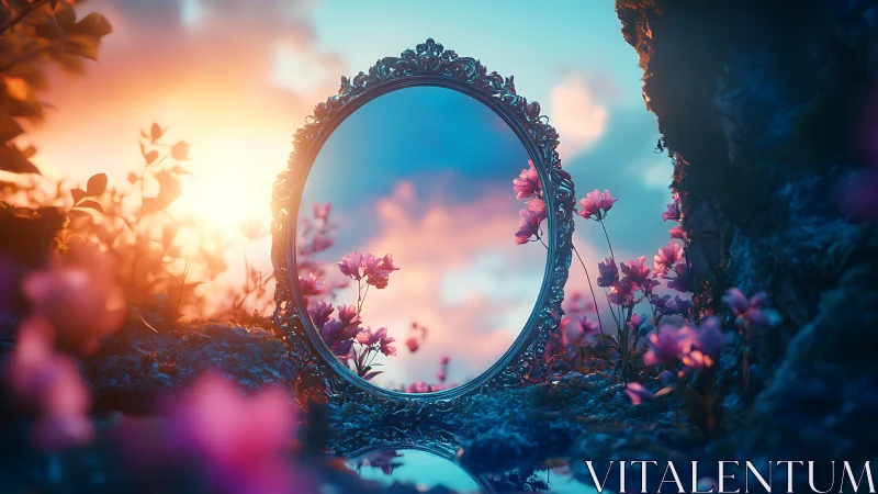 Ornate mirror in glowing sunset field with pink flowers.
