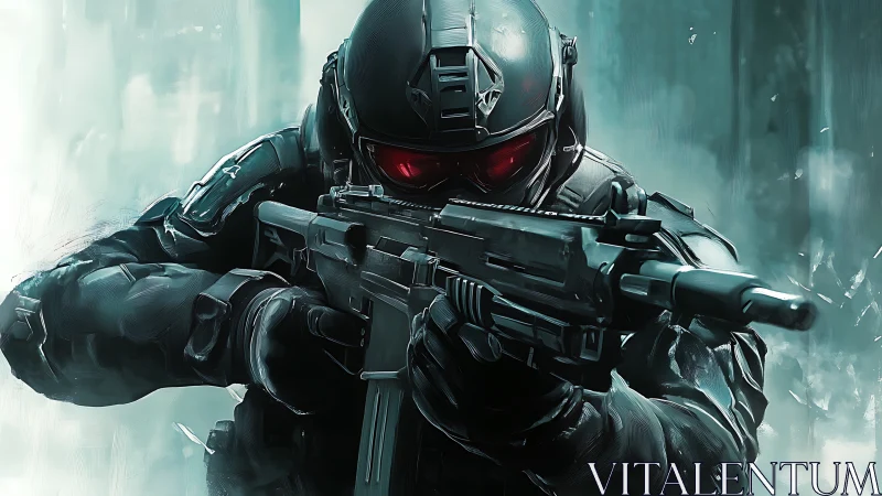 Tactical cyber soldier with rifle in icy teal combat haze.