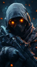 Cyberpunk marksman portrait with glowing optic mask and rifle.