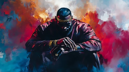 Digital painting of seated regal figure in dramatic chiaroscuro.