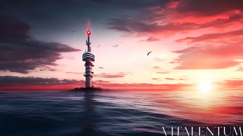 Offshore communication tower under red ocean sunset sky.