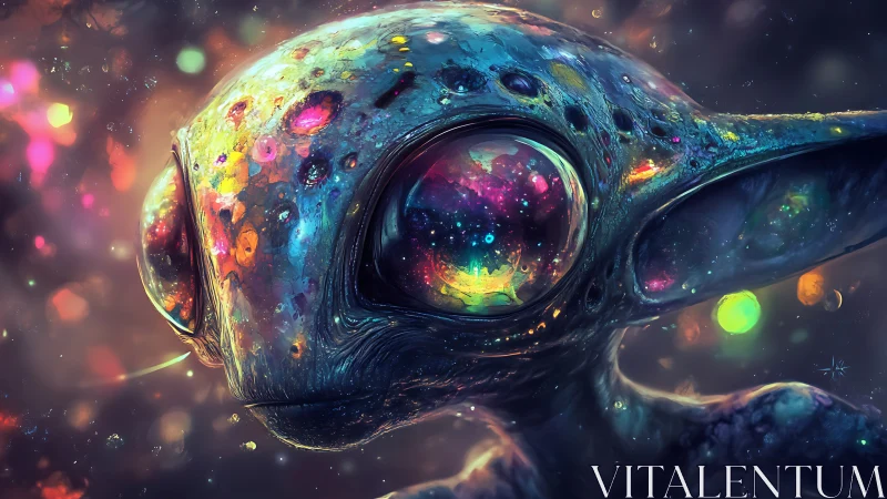 Cosmic alien portrait glows with prismatic nebula eyes.