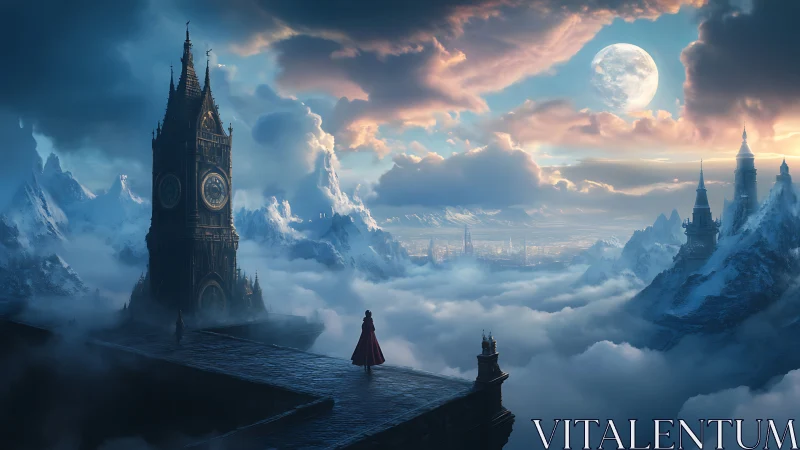 Gothic clock tower dominates misty alpine cityscape under full moon