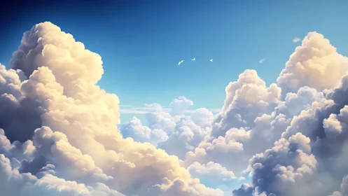 Sunlit cumulus towers rise against deep blue summer sky