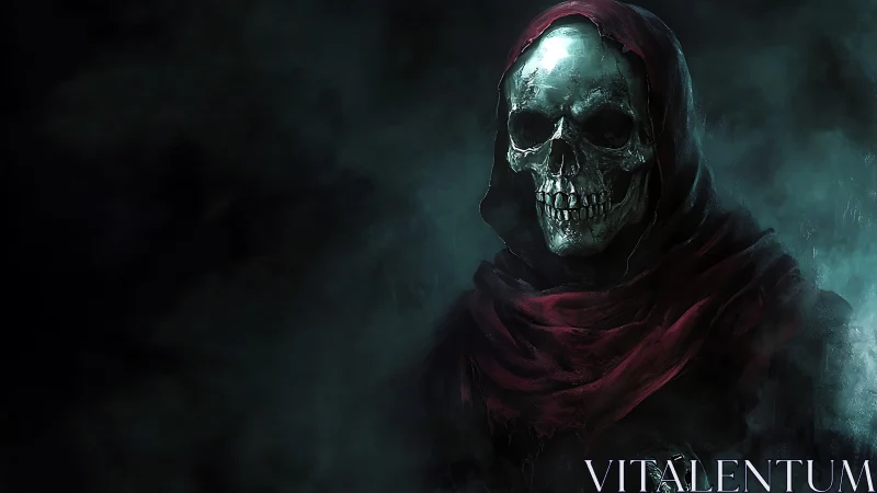 Hooded skeletal figure rendered in moody high-contrast digital painting