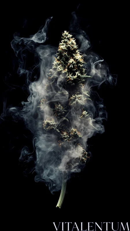 Smoky cannabis bud rising against deep black void backdrop.