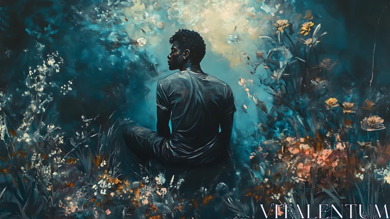 Solitary dreamer bathed in teal dusk amid wild blossoms.