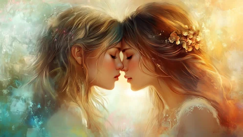 Two figures in profile with floral elements and warm light