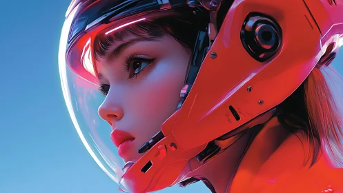 Cybernetic woman in glossy red helmet stares into distance