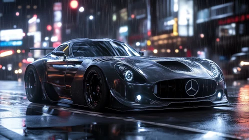 Custom black sports coupe on wet city street at night.