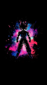 Silhouetted anime fighter over neon splatter background.