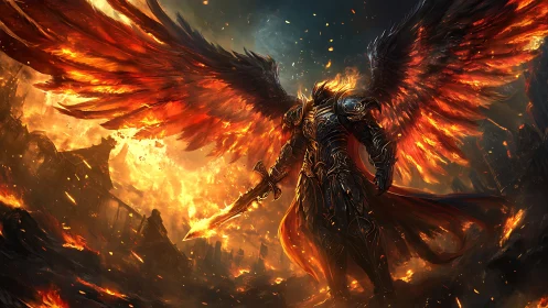 Armored fire angel stands over burning ruined battlefield.