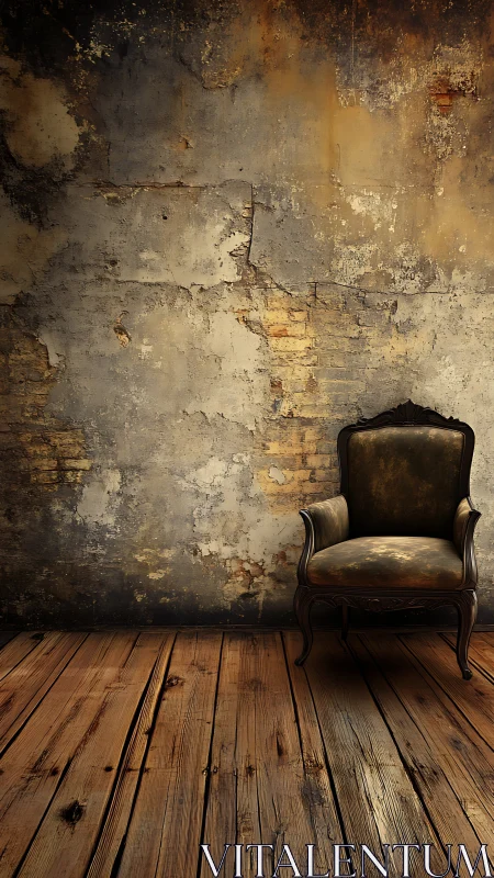 Photorealistic vintage armchair against distressed plaster wall.