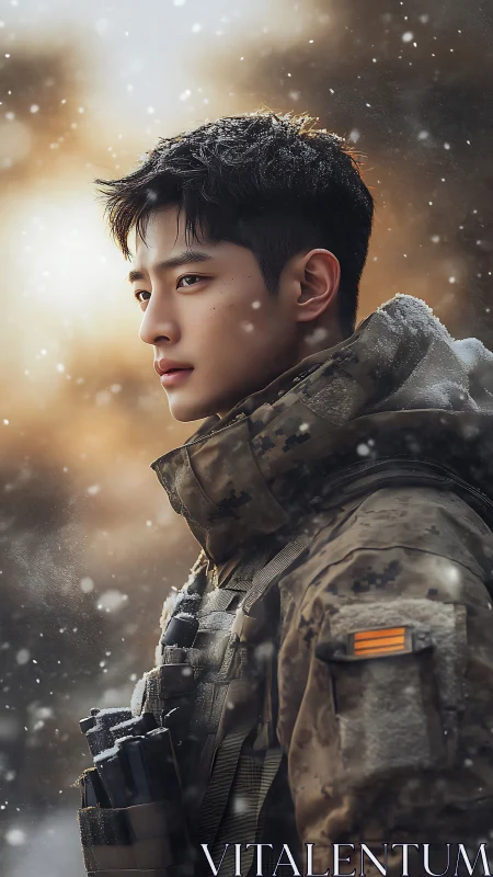 Male soldier in winter camouflage gear under snowfall.