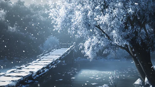 Snow covered wooden bridge extends over calm winter river